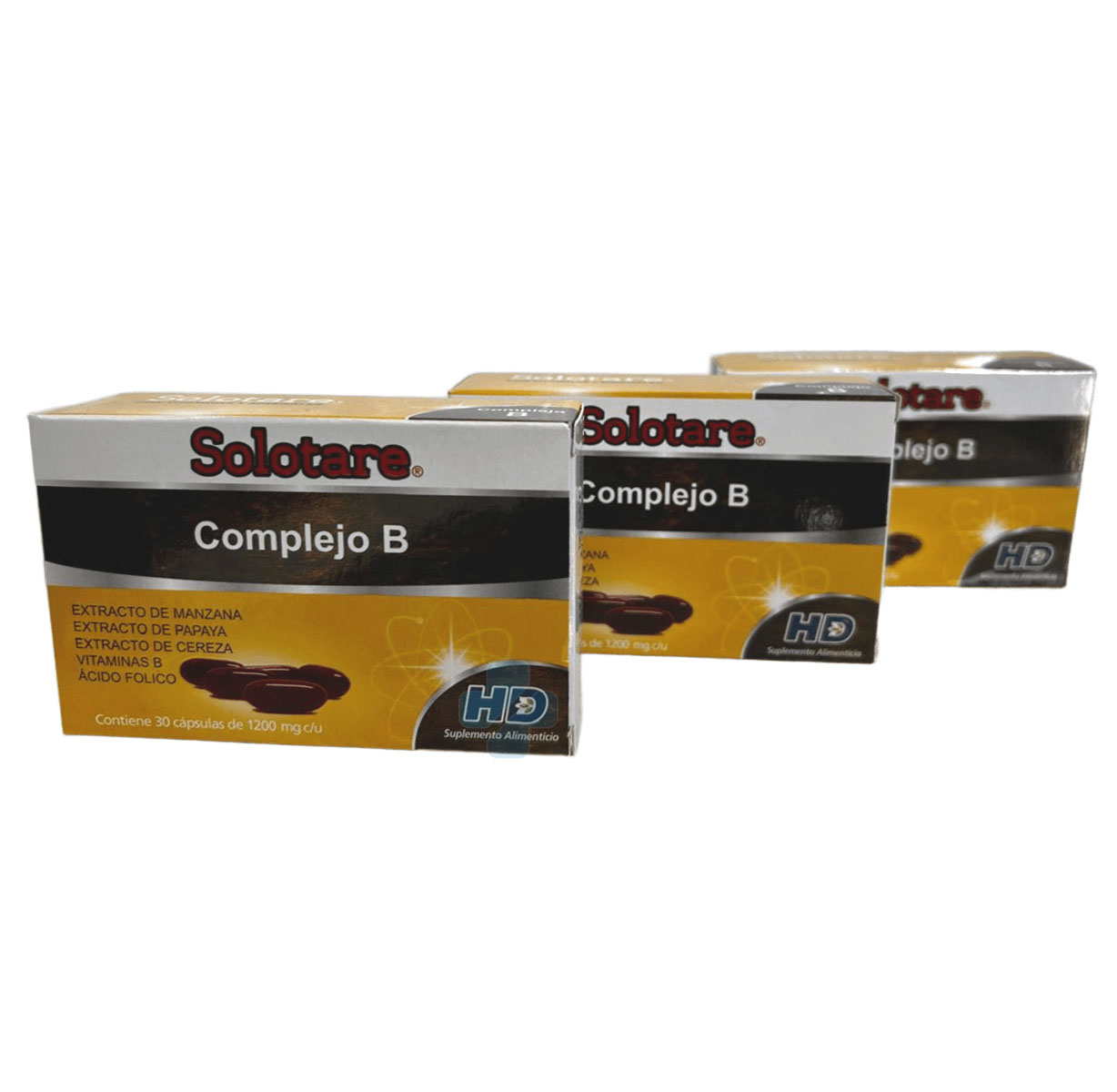 COMPLEJO B CON EXTRACTO DE PAPAYA, MANZANA Y CEREZA, ÁCIDO FÓLICO C/30 CAPS SOLOTARE COMPLEJO B PACK 3