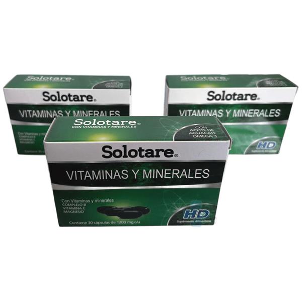 VITAMINAS Y MINERALES, COMPLEJO B, VITAMINA C, MAGNESIO C/30 CAPS SOLOTARE VITAMINAS Y MINERALES PACK 3