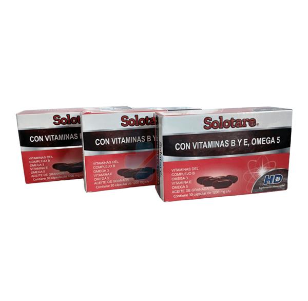 VITAMINAS B Y E, OMEGA 3 Y 5, ACEITE DE GRANADA C/30 CAPS SOLOTARE VITAMINAS B Y E OMEGA 5 PACK 3