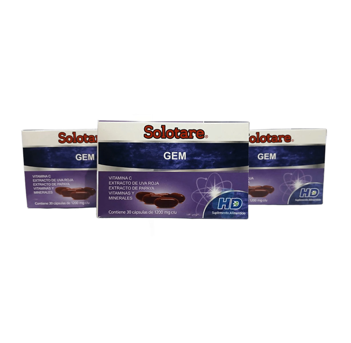 VITAMINA C, EXTRACTO DE UVA Y PAPAYA, VITAMINAS Y MINERALES C/30 CAPS SOLOTARE GEM PACK 3