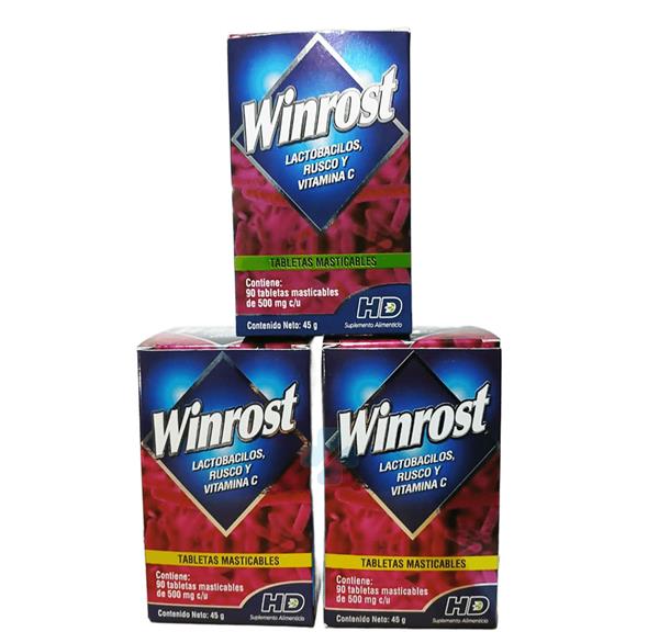 LACTOBACILOS, RUSCO Y VITAMINA C, C/90 TABLETAS MASTICABLES WINROST PACK 3