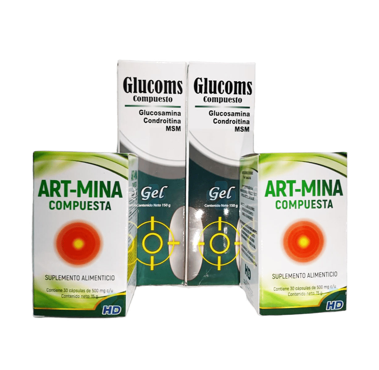 PACK PARA ARTICULACIONES GLUCOSAMINA, GEL C/150 GR GLUCOMS Y ART-MINA COMPUESTA C/30 CAPS