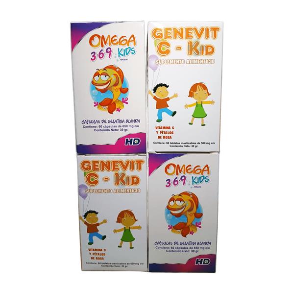 PACK INFANTIL OMEGA 3, 6, 9 Y VITAMINA C GENEVIT CKIDS C/60 TABS MASTICABLES, AMEGON 3-6-9 KIDS C/60 CAPS