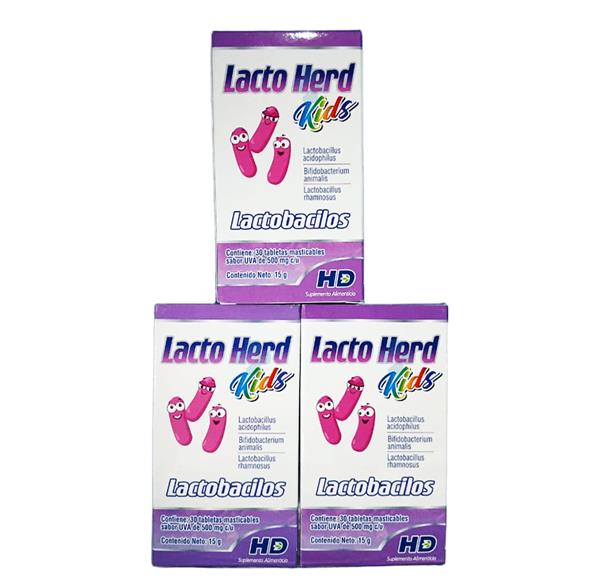 LACTOBACILOS PARA NIÑOS C/30 TABLETAS MASTICABLES SABOR UVA LACTO HERD KIDS PACK 3
