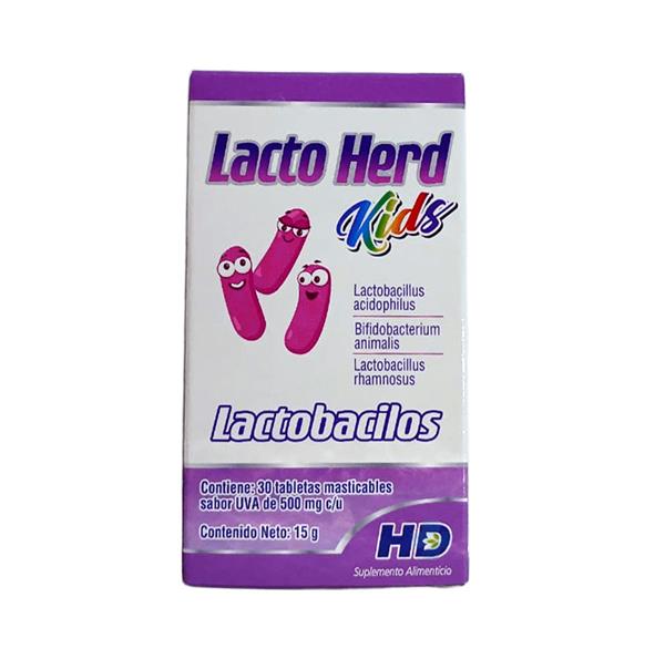 LACTOBACILOS PARA NIÑOS C/30 TABLETAS MASTICABLES SABOR UVA LACTO HERD KIDS